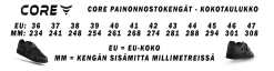 Core Painonnostokengät -Training gear shop Core taulukko